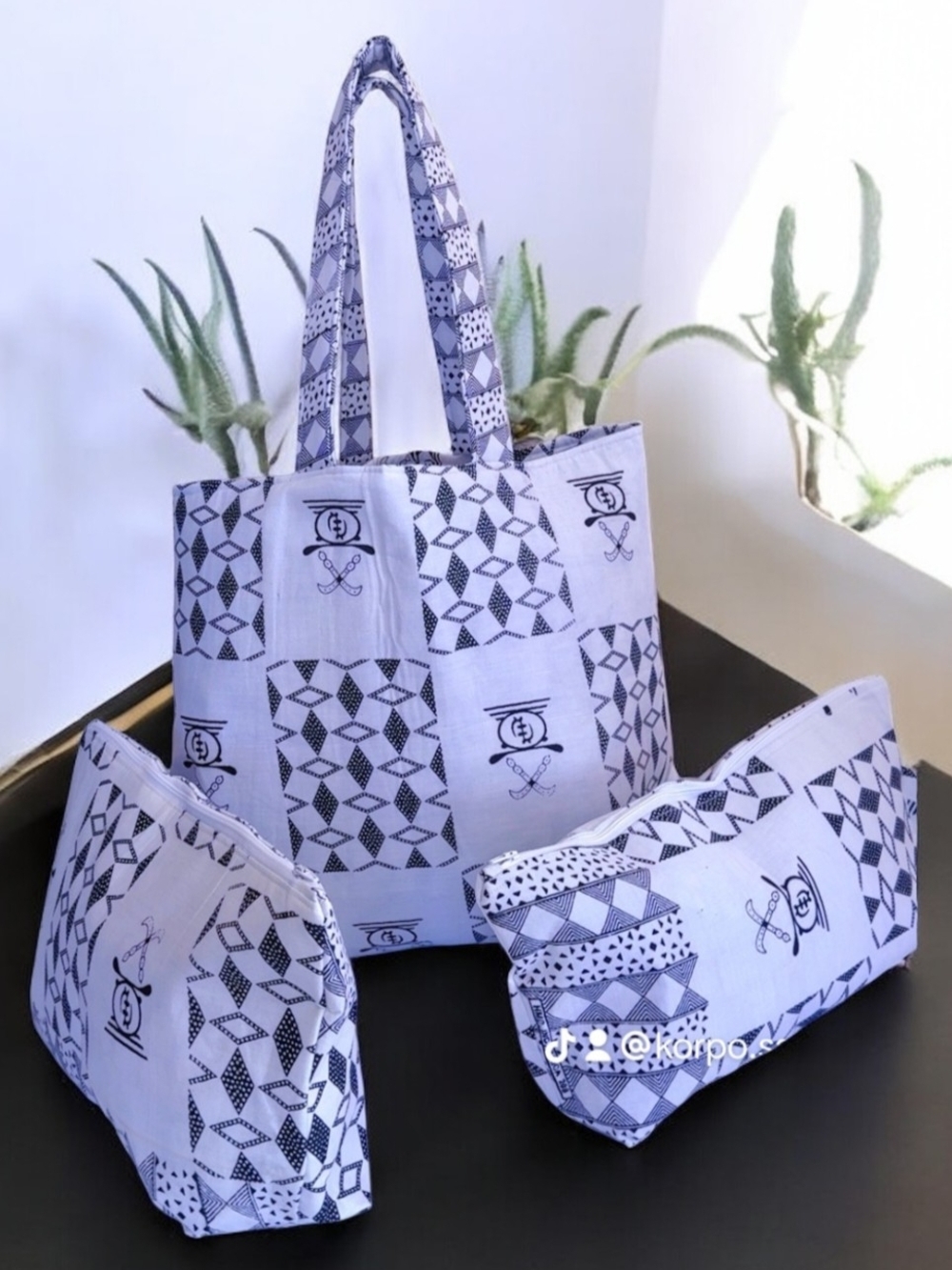 Black & White Geometric Pattern Tote Bag with Matching Pouches